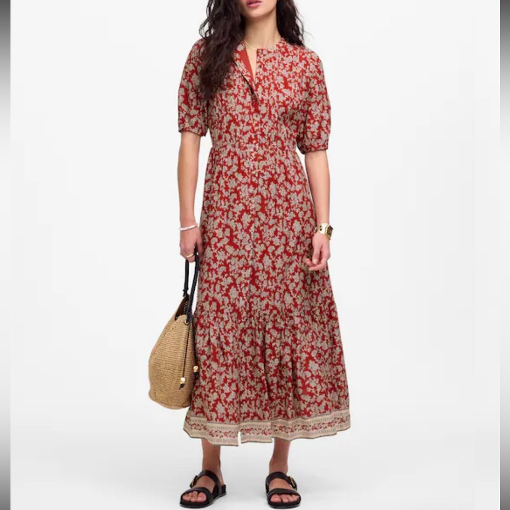 MADEWELL Pintucked Puff Sleeve Flowy Midi Floral Button Dress Cottagecore